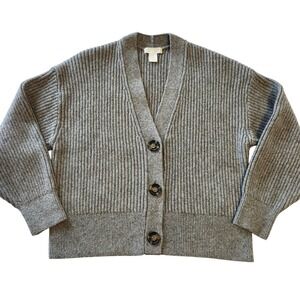 H&M Ribbed Chunky V-Neck Cardigan Sweater Gray Long Sleeve Buttons Women's Large